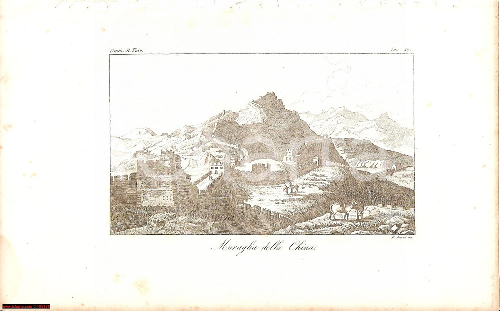 Stampa, bozzetto originale 1845 circa Cesare CANTU  Muraglia della China BONATTI 1