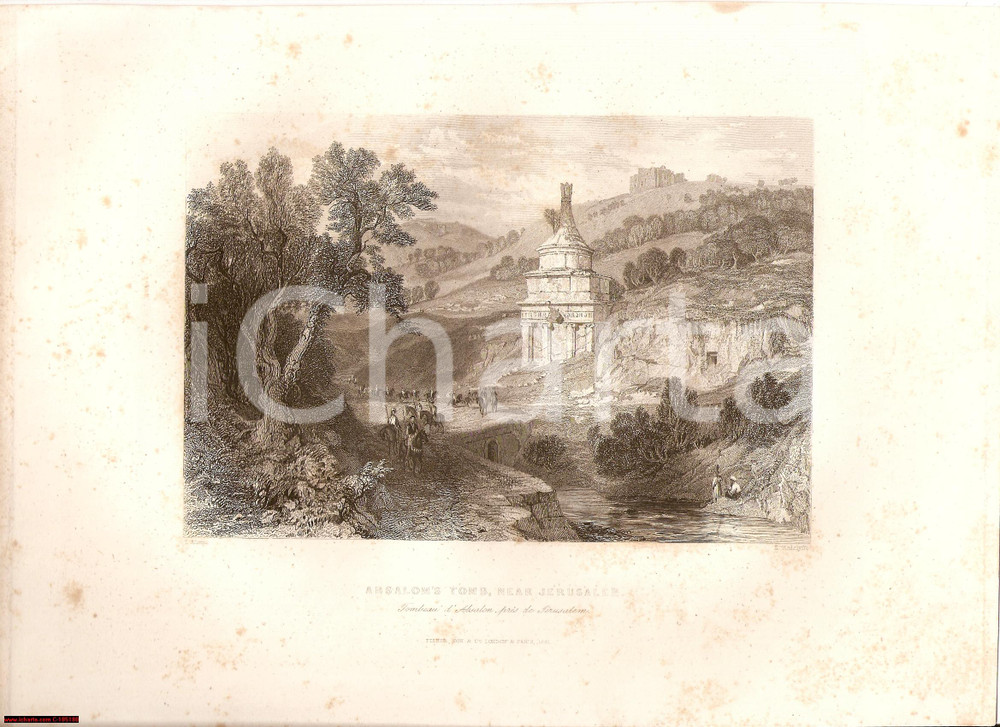 Stampa, bozzetto originale 1841 FISHER SON Veduta tomba di ABSALOM Thomas ALLOM 1