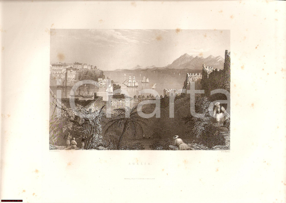Stampa, bozzetto originale 1843 FISHER SON Veduta golfo di ADALIA animata BARTLETT 1