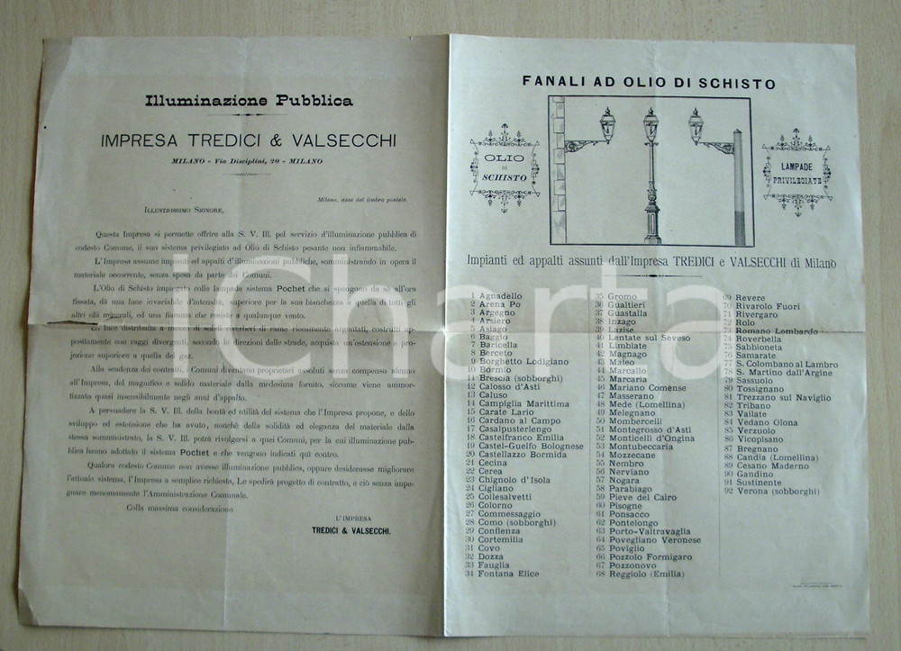 Materiale pubblicitario d’epoca 1894 MILANO Illuminazione pubblica TREDICI E VALSECCHI 1