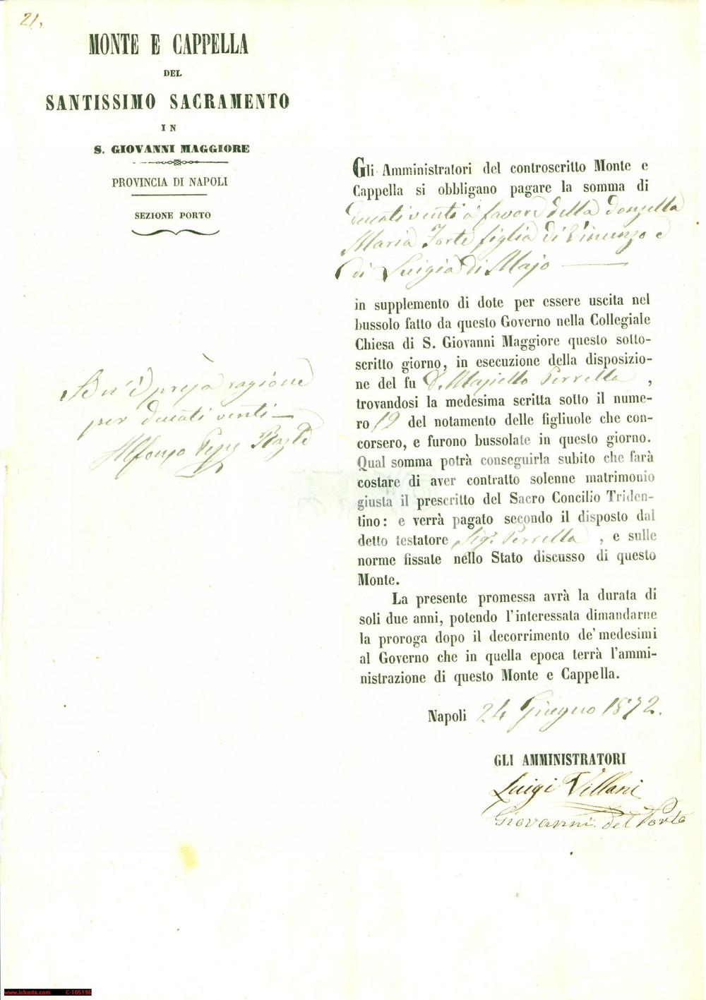 Manoscritto, lettera originale 1872 NAPOLI Maria FORTE bussolata per aggiunta dote 1