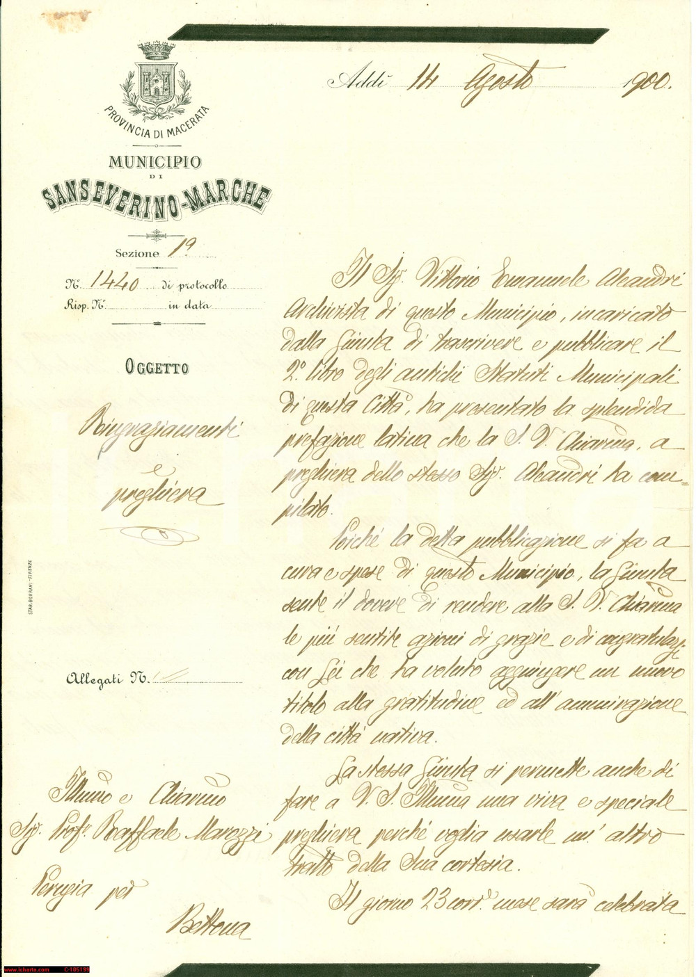 Documento originale, autentico 1900 SAN SEVERINO MARCHE ALEANDRI e Raffaele MAROZZI 1