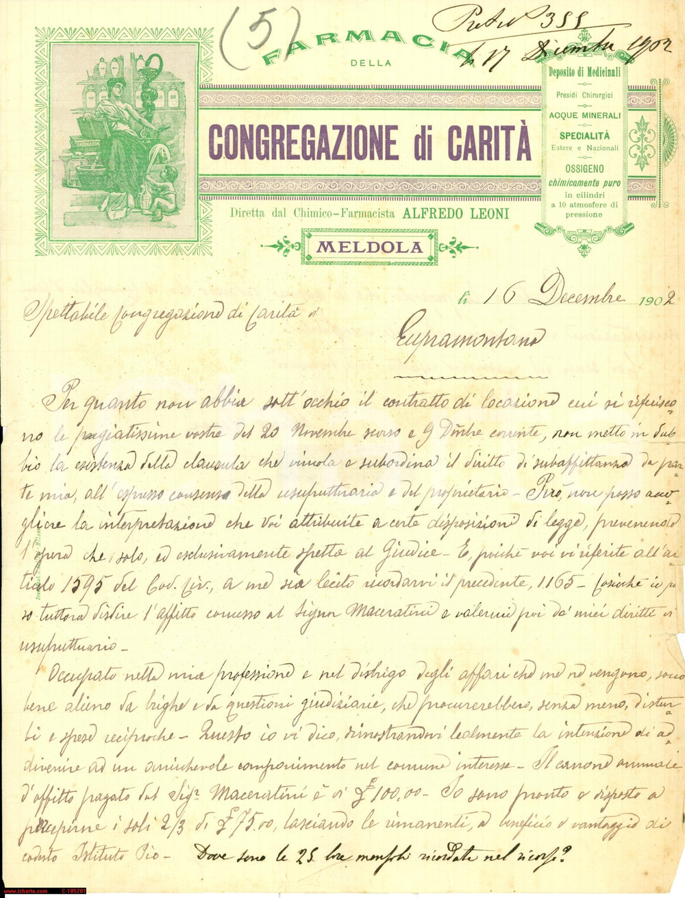 Manoscritto, lettera originale 1902 MELDOLA FO Alfredo LEONI farmacista Congregazione di CaritÃ  Lettera 1