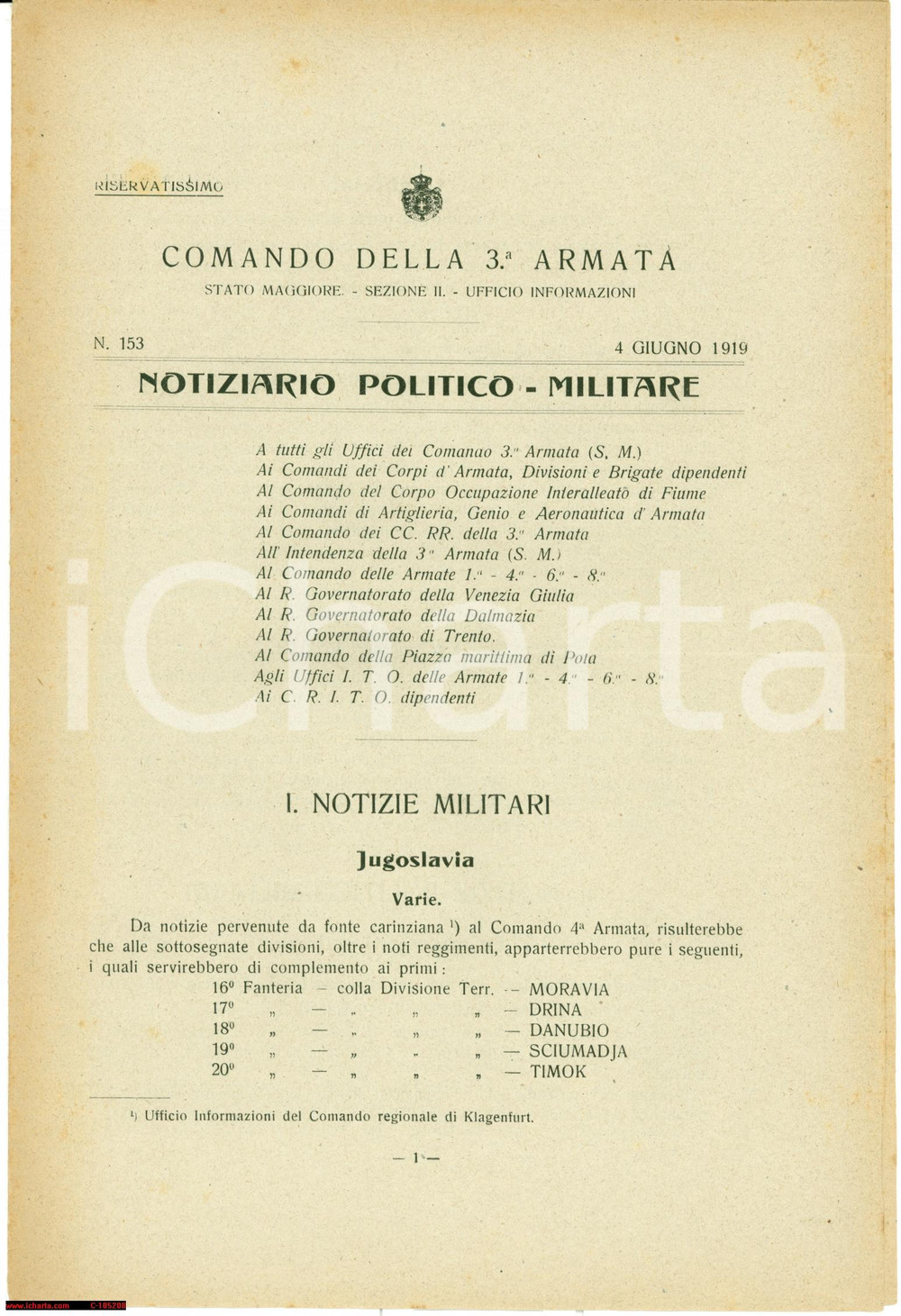 Documento originale, autentico 1919 Francia e Italia unite per l avvenire Notiziario 1