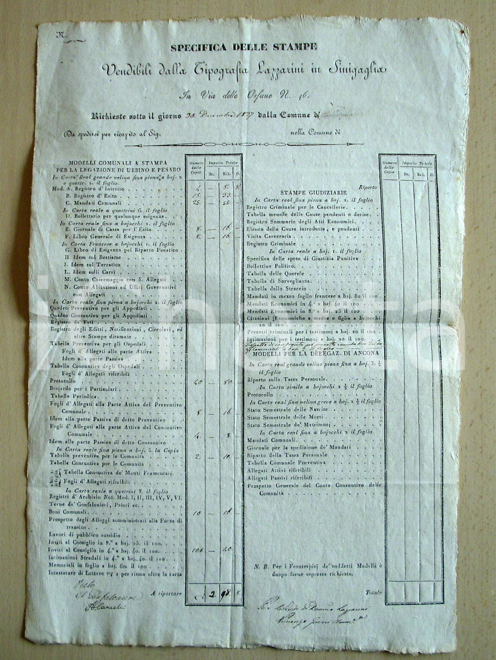 Documento originale, autentico 1837 SENIGALLIA AN Stampe registri Tipografia LAZZARINI 1