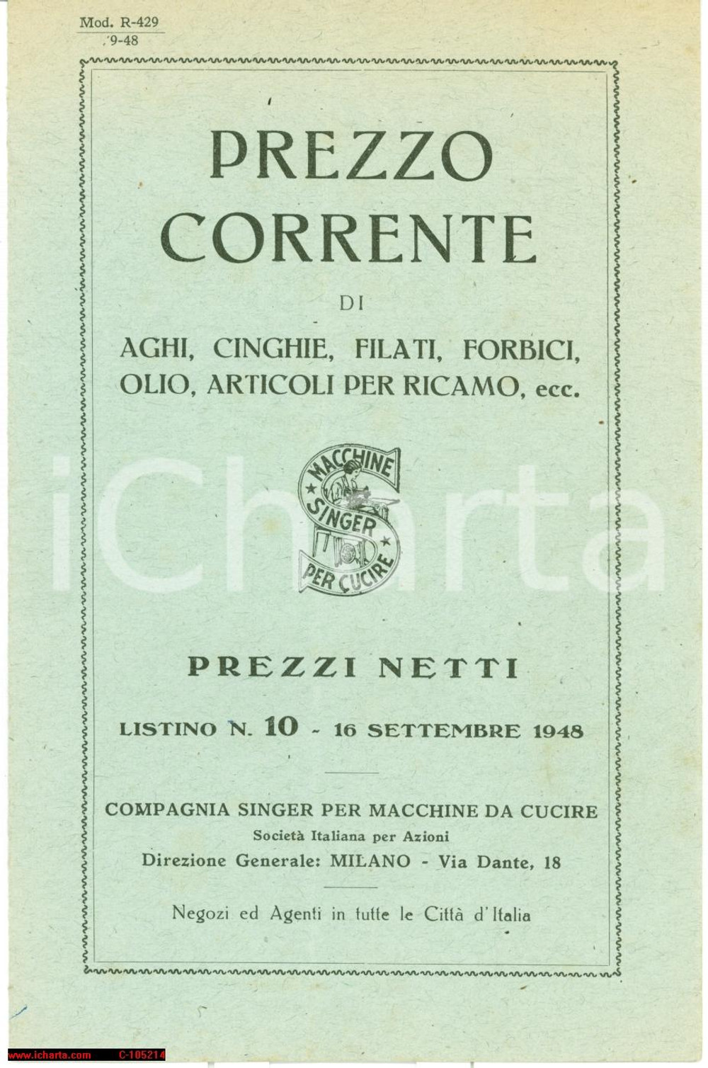 Materiale pubblicitario d’epoca 1948 MILANO Listino prezzi SINGER Macchine per cucire 1