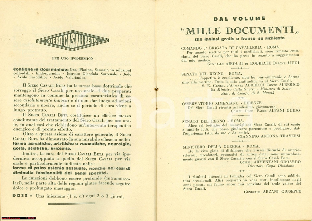 Materiale pubblicitario d’epoca 1934 Libretto pubblicitario SIERO CASALI Farmaceutica 1