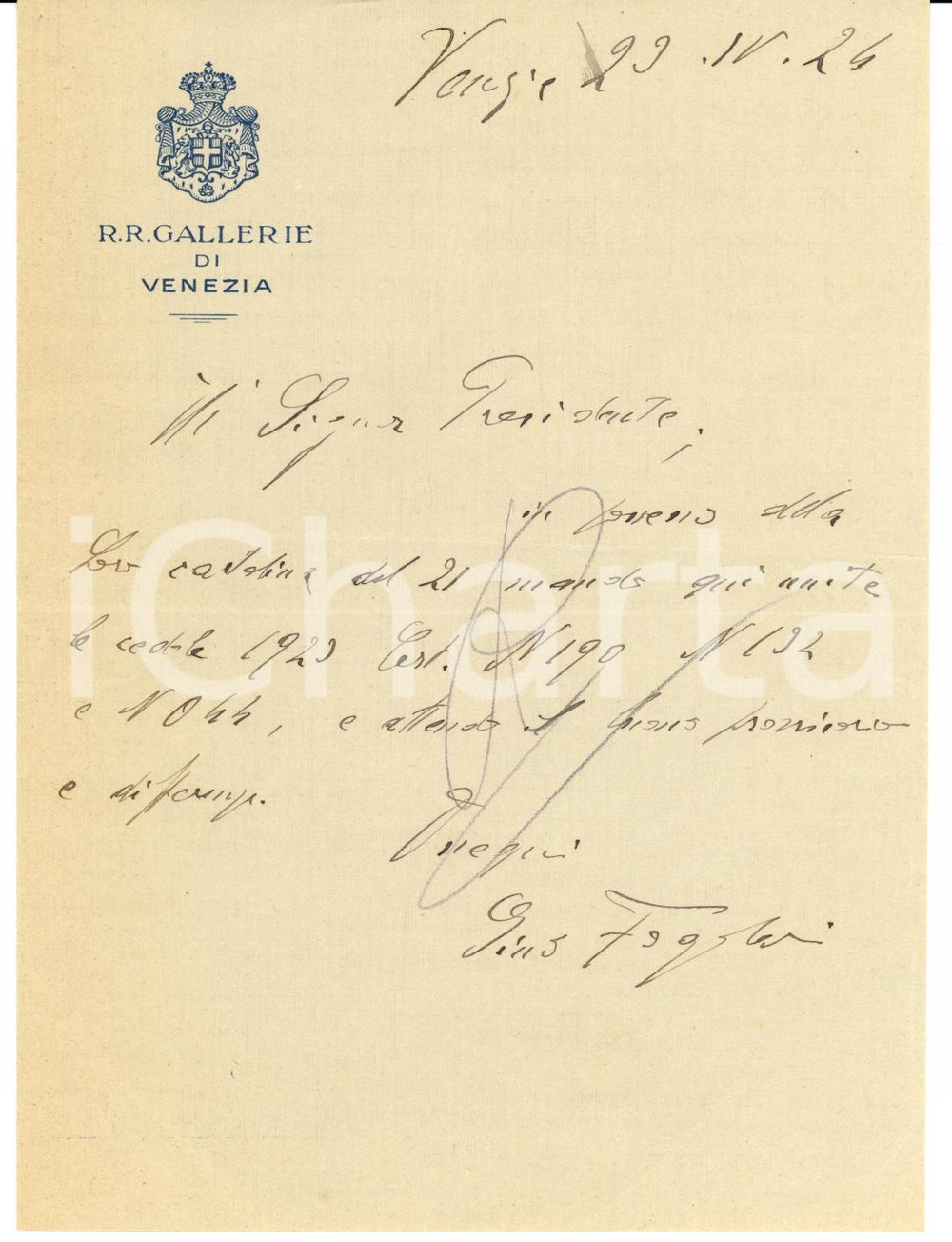 Autografo originale 1924 Regie Gallerie di VENEZIA  Lettera Gino FOGOLARI  AUTOGRAFO 1