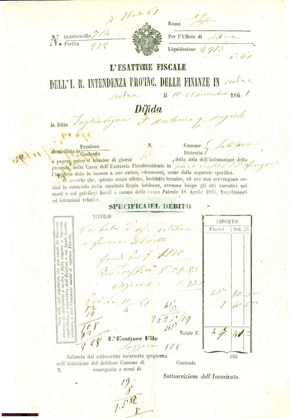 Documento originale, autentico 1861 LATISANA Antonio TAGLIALEGNA diffidato per debiti 1