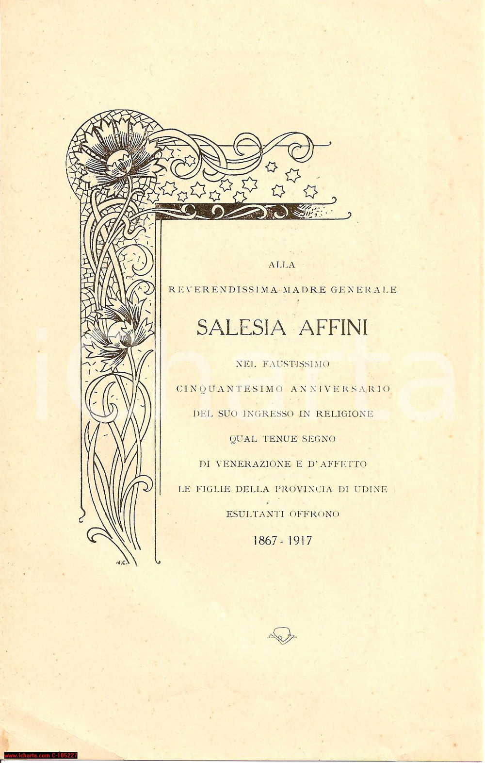 Documento originale, autentico 1917 UDINE Cinquantesimo anniversario SALESIA AFFINI 1