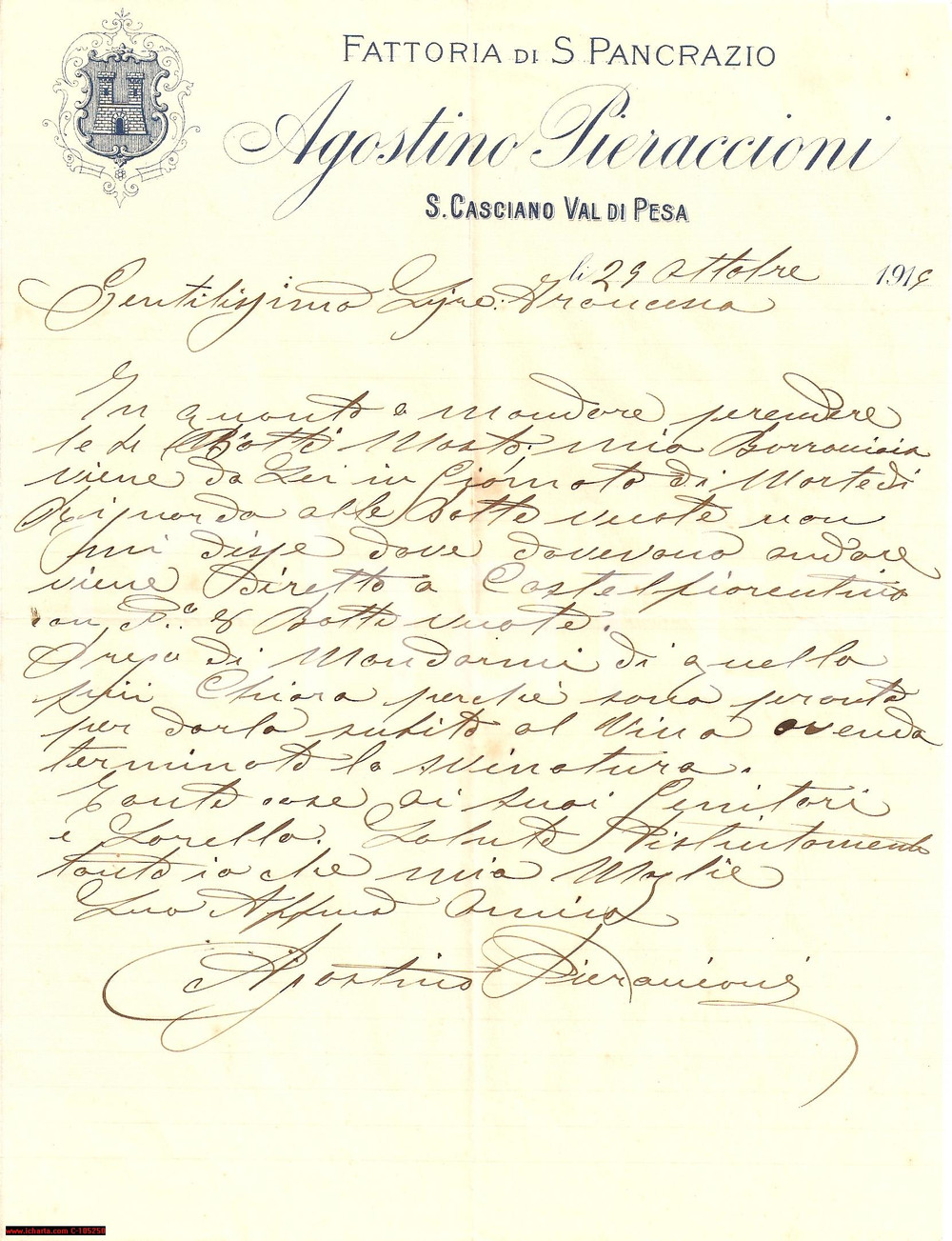Manoscritto, lettera originale 1919 SAN CASCIANO VAL DI PESA FI Fattoria PIERACCIONI 1