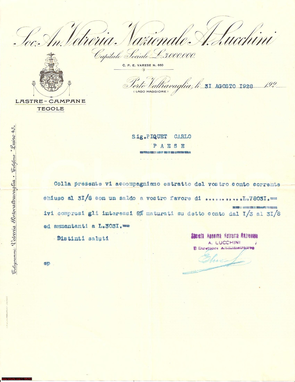 Manoscritto, lettera originale 1928 PORTO VALTRAVAGLIA VA Vetreria Nazionale LUCCHINI 1