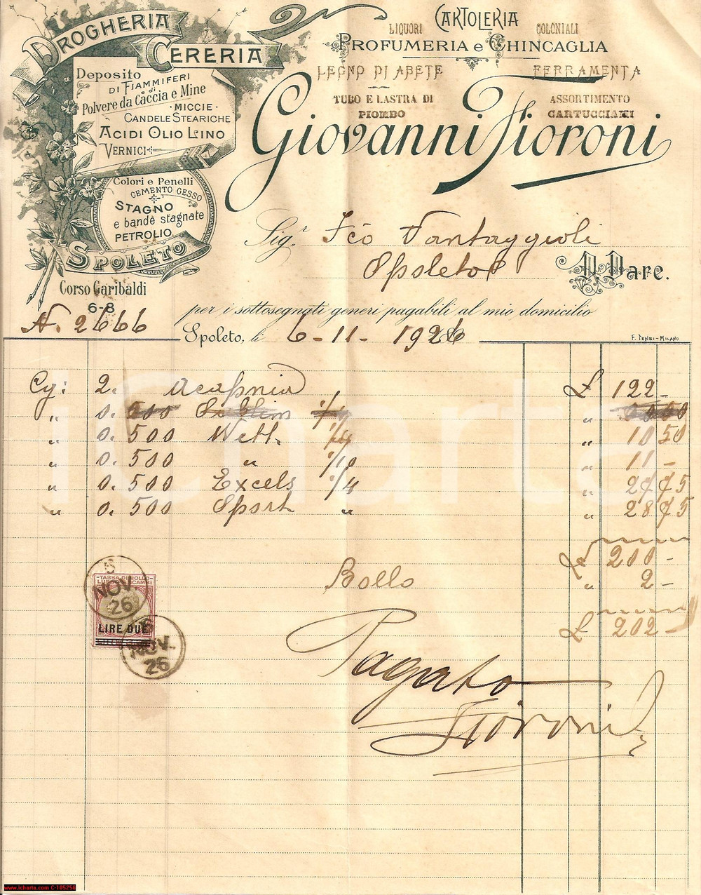 Documento originale, autentico 1926 SPOLETO PG Drogheria cereria Giovanni FIORONI 1