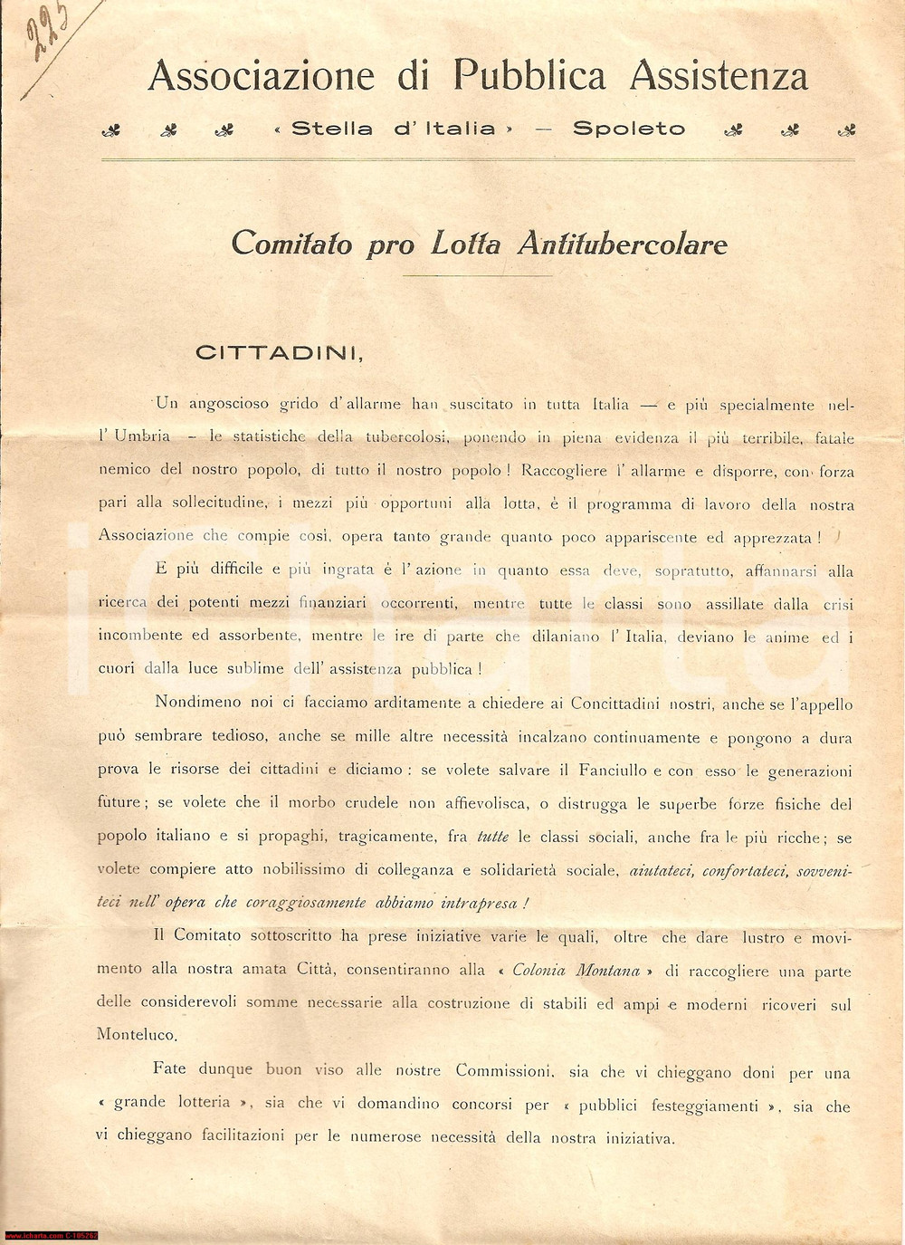 Documento originale, autentico 1921 SPOLETO PG Grande lotteria contro la TUBERCOLOSI 1