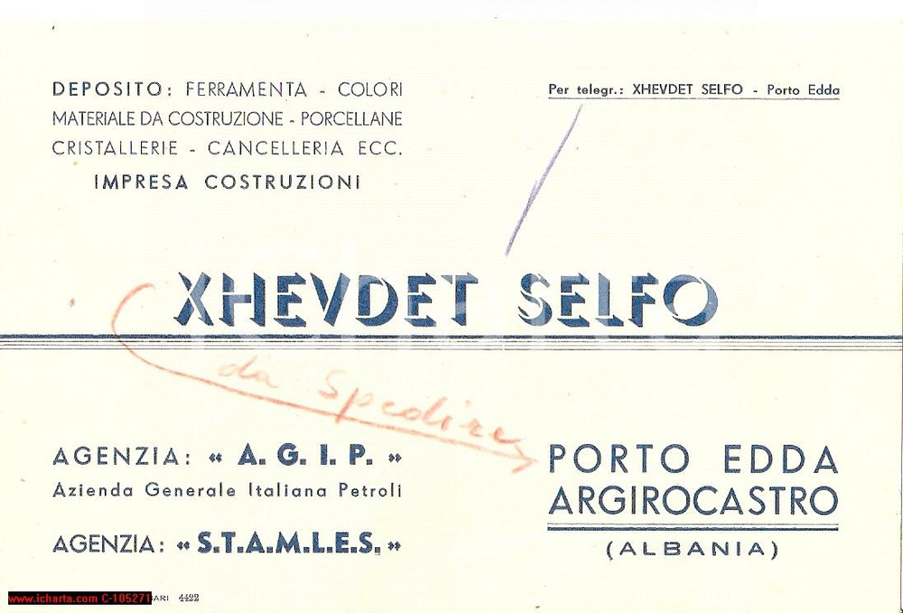 Oggetto da collezione cartaceo 1940 ca ARGIROCASTRO Impresa costruzioni XHEVDET SELFO Biglietto da visita 1