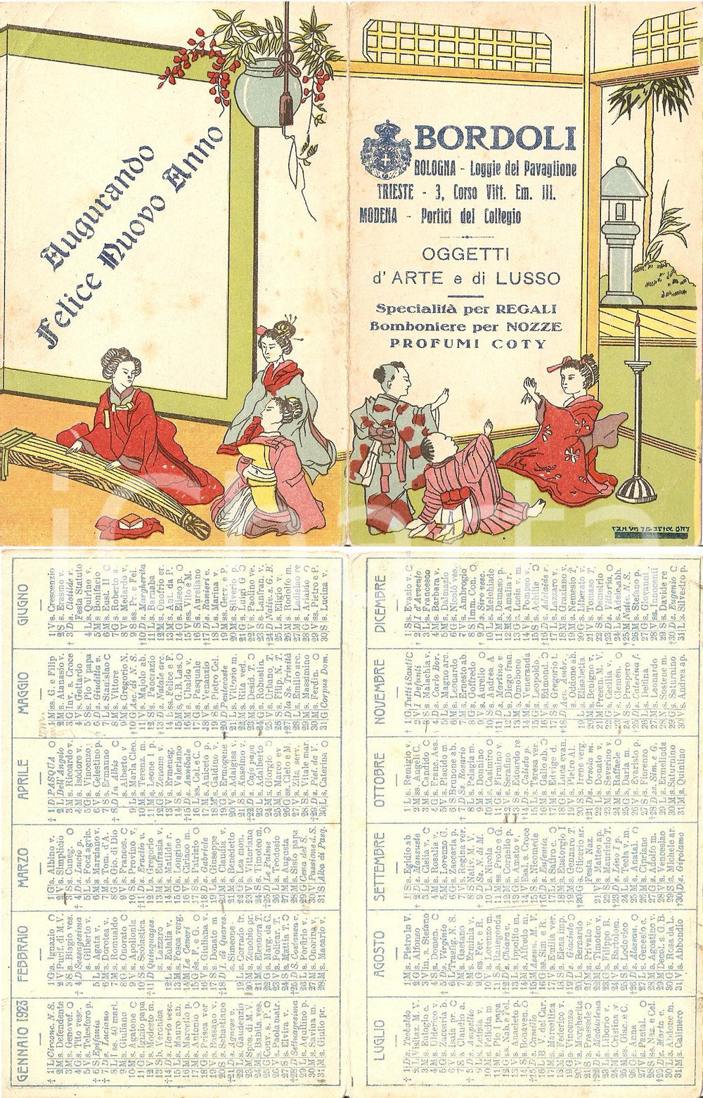 Oggetto da collezione cartaceo 1923 BOLOGNA Calendario giapponese illustrato BORDOLI 1