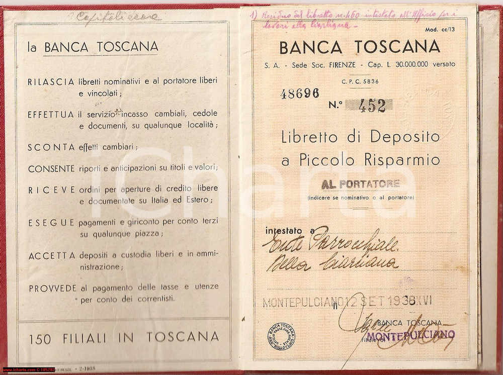 Oggetto da collezione cartaceo 19381952 MONTEPULCIANO SI Libretto deposito CIARLIANA 1