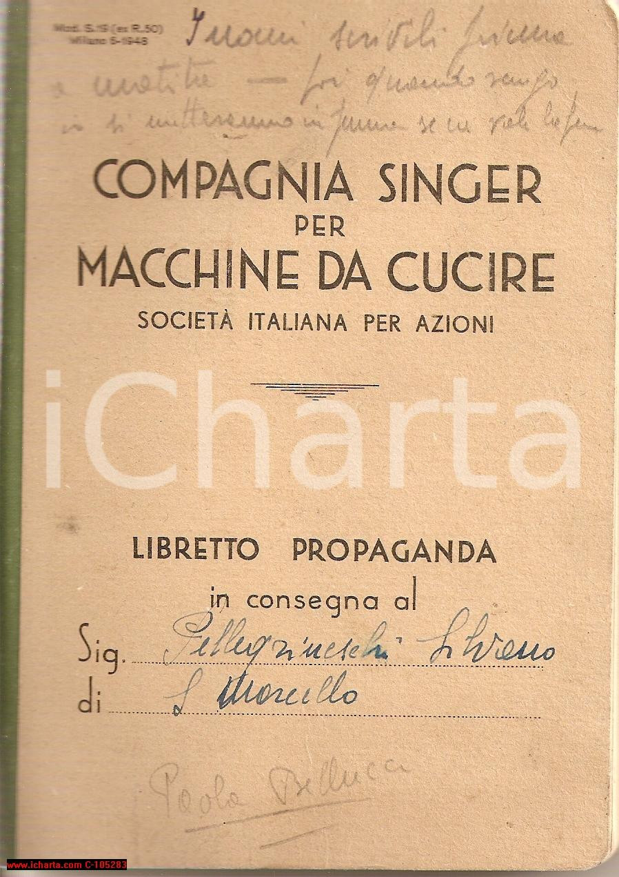 Oggetto da collezione cartaceo 1949 SAN MARCELLO AN Compagnia SINGER macchine da cucire Silvano PELLEGRINESCHI 1