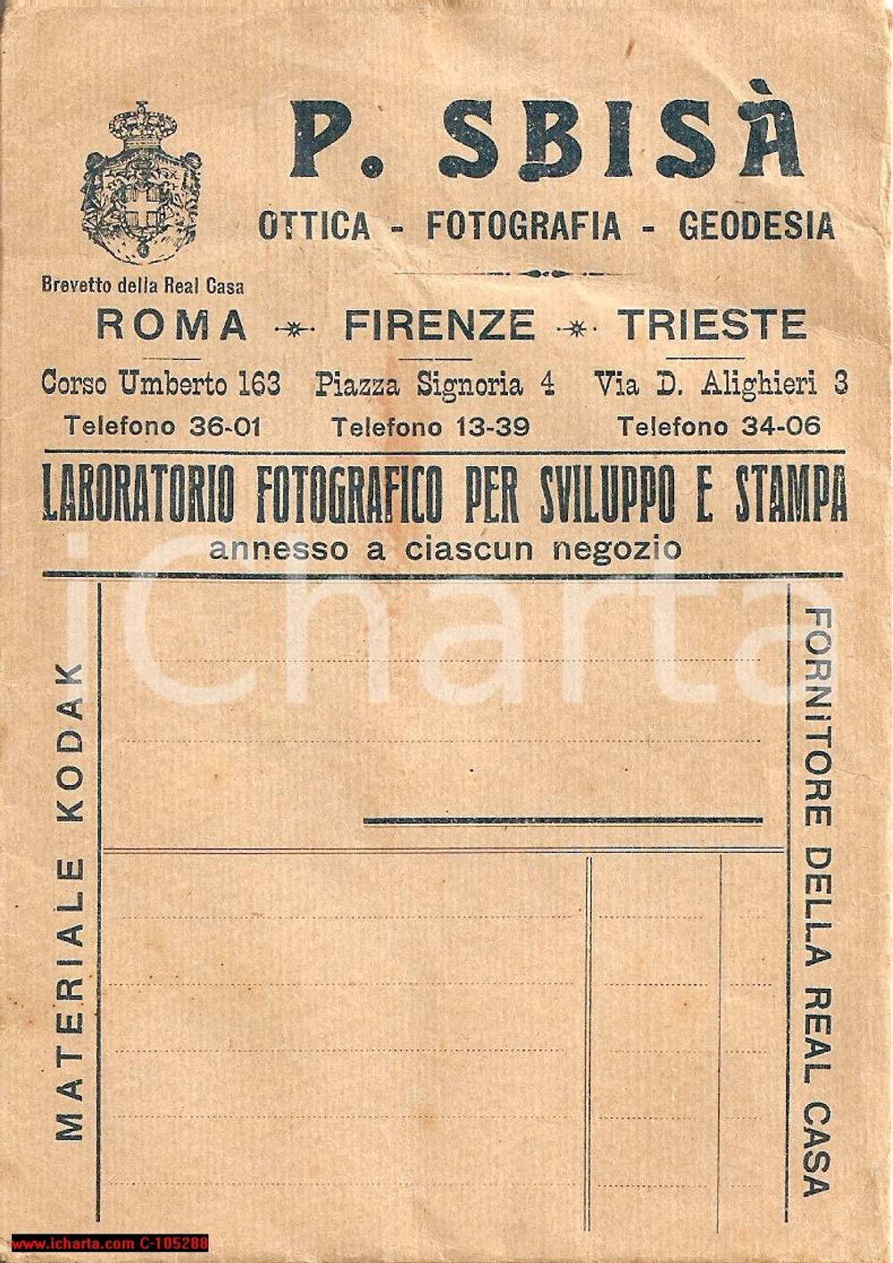 Oggetto da collezione cartaceo 1910 circa Pietro SBISA  Ottica Fotografia Geodesia 1