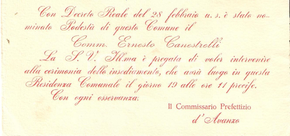 Oggetto da collezione cartaceo 1930 SUBIACO RM Cerimonia Podestà Ernesto CANESTRELLI Invito 1