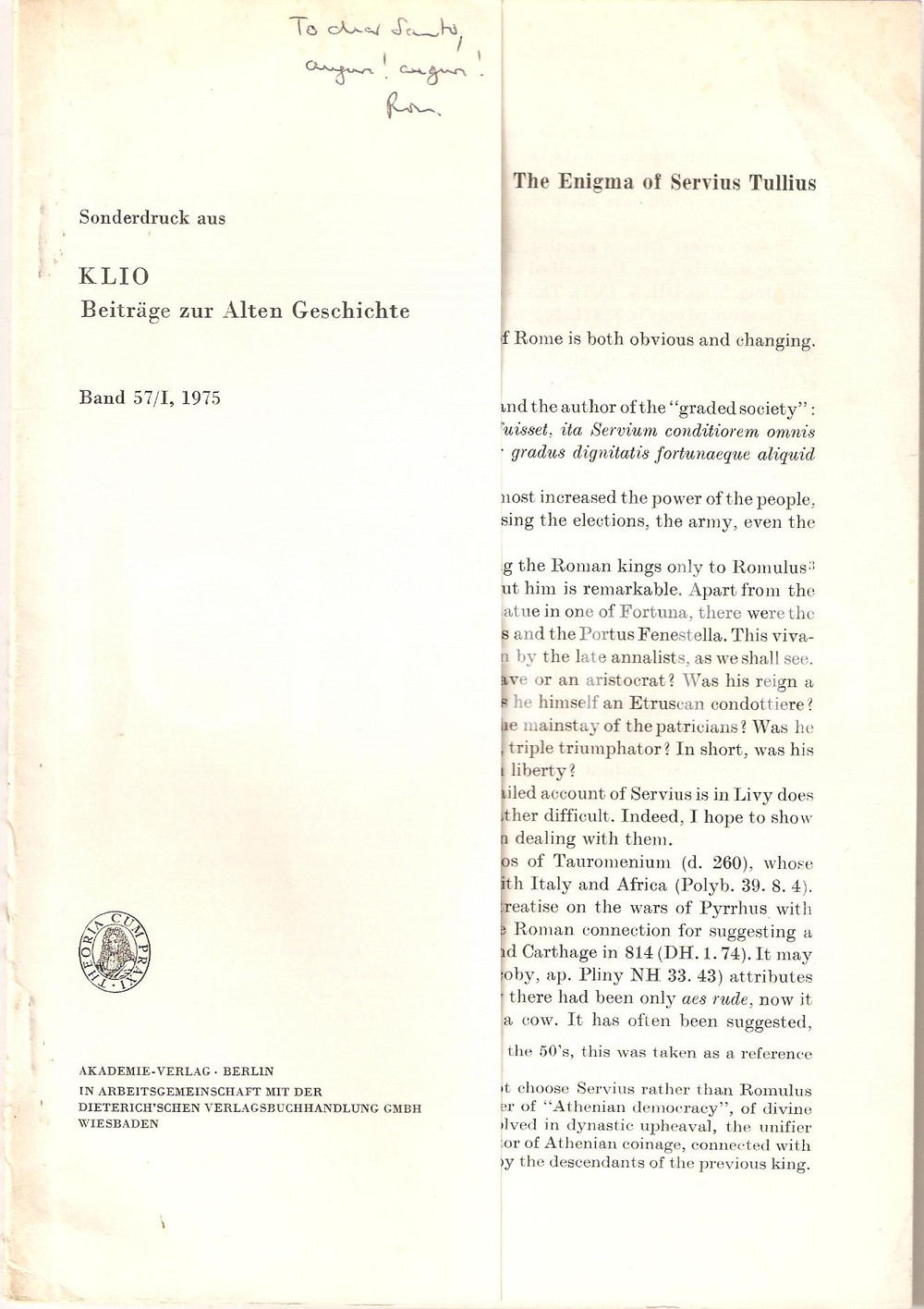 Oggetto da collezione cartaceo 1975 Ronald T. RIDLEY Enigma of SERVIUS TULLIUS Autogr. 1