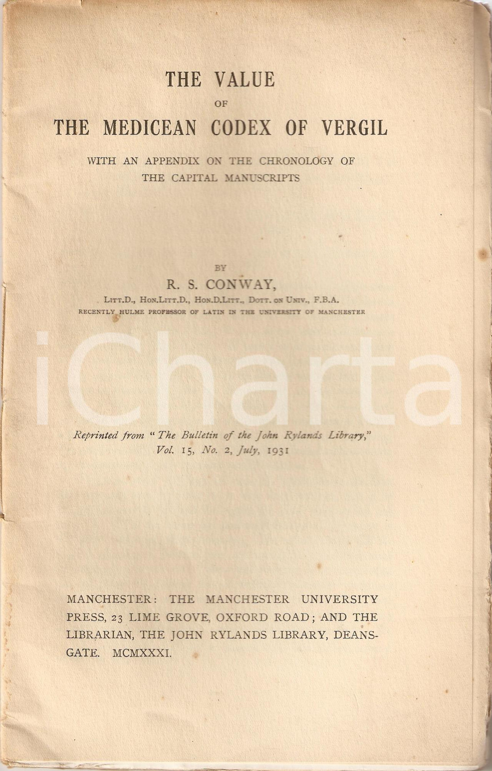 Oggetto da collezione cartaceo 1931 R.S. CONWAY Value of Medicean Codex of VERGIL 1