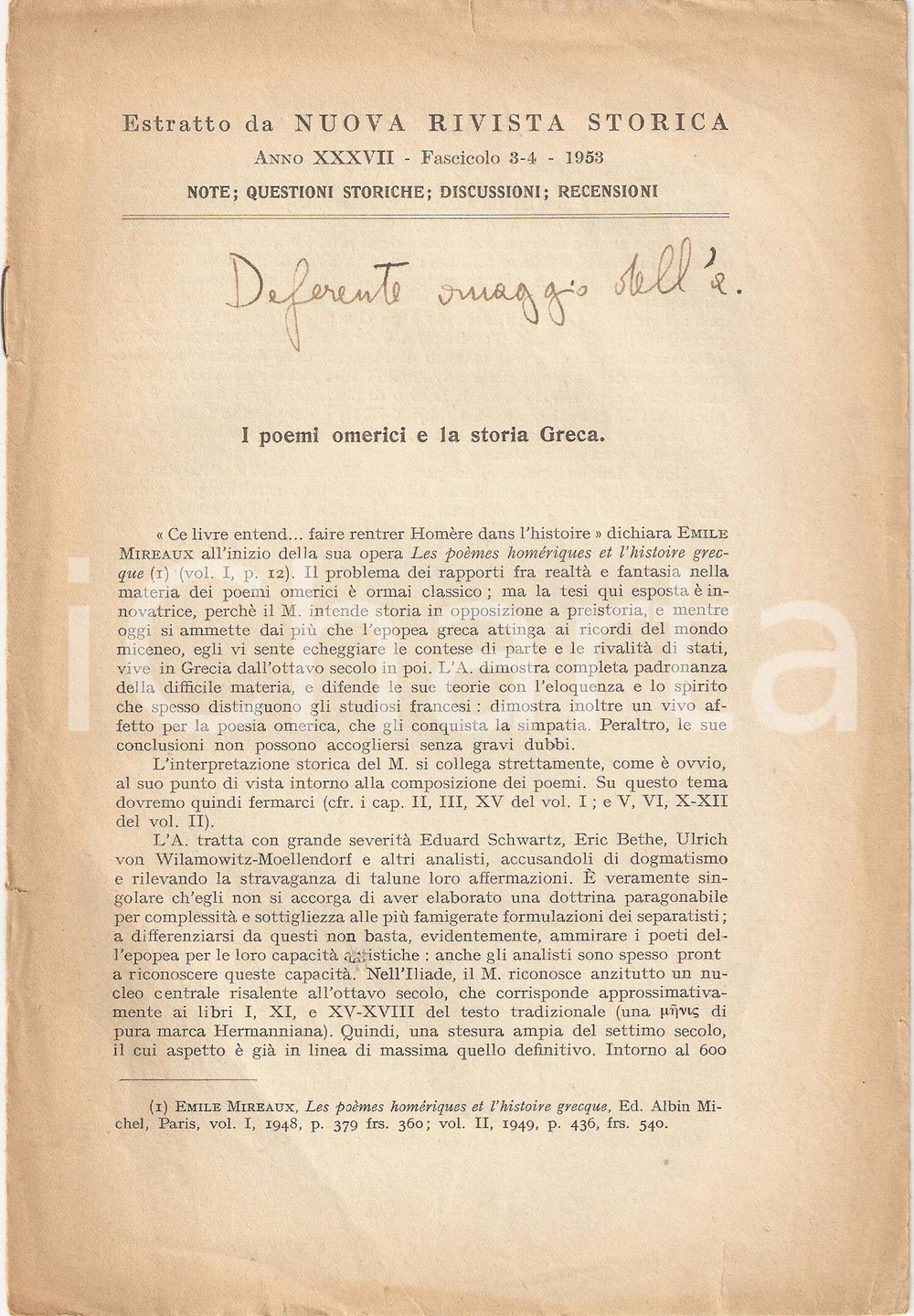 Libro, pubblicazione d epoca 1953 Filippo CASSOLA I poemi omerici e la storia greca 1