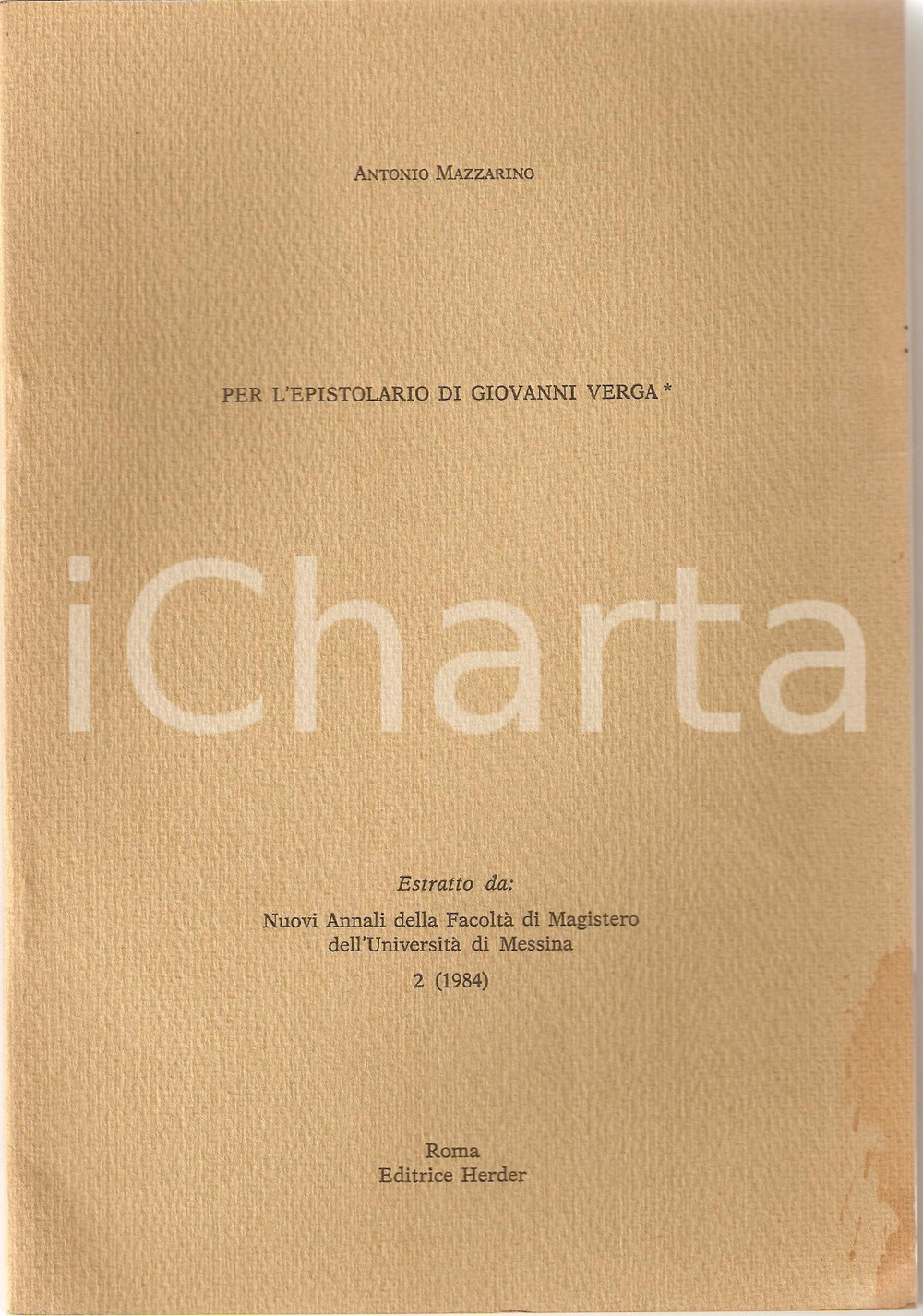 Oggetto da collezione cartaceo 1984 Antonio MAZZARINO Per l epistolario Giovanni VERGA 1