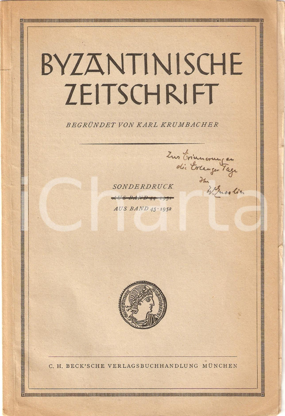 Oggetto da collezione cartaceo 1952 W. ENSSLIN Byzantinische Zeitschrift Autograph 1