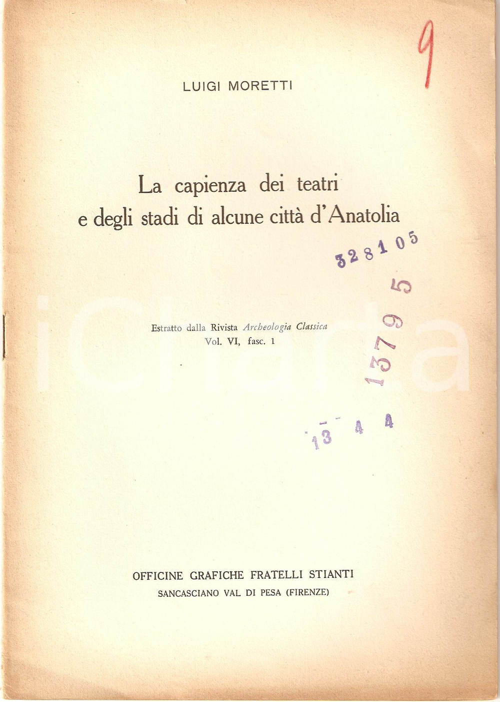 Oggetto da collezione cartaceo 1954 Luigi MORETTI La capienza dei teatri in Anatolia Opuscolo 1