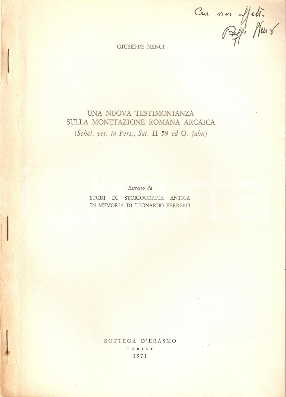 Libro, pubblicazione d epoca 1971 Giuseppe NENCI Monetazione romana arcaica Autogr. 1