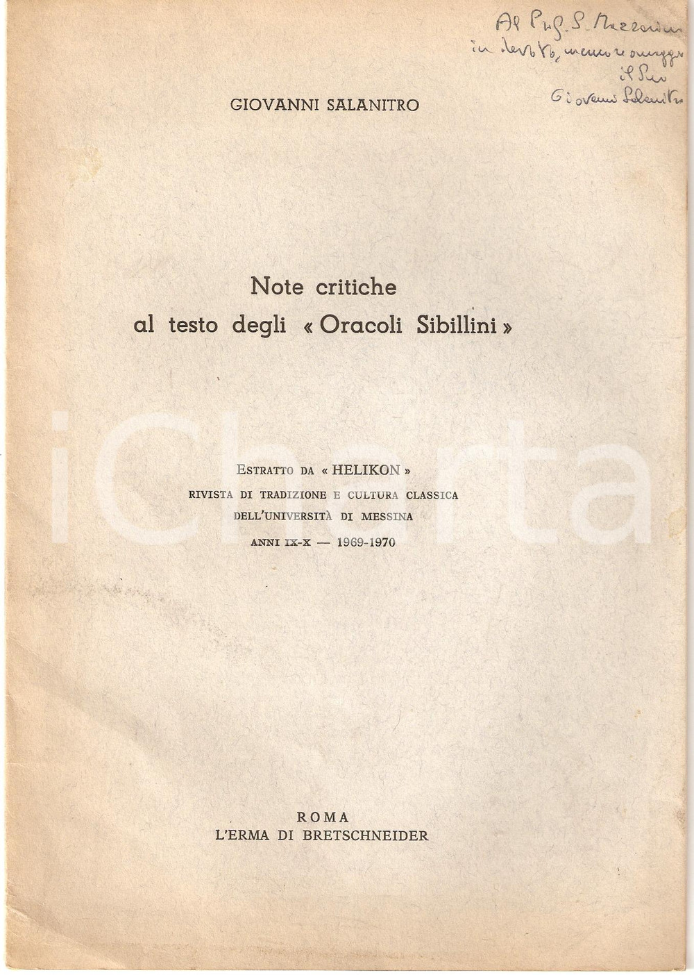 Oggetto da collezione cartaceo 1970  Giovanni SALANITRO Note Oracoli Sibillini Invio autografo 1