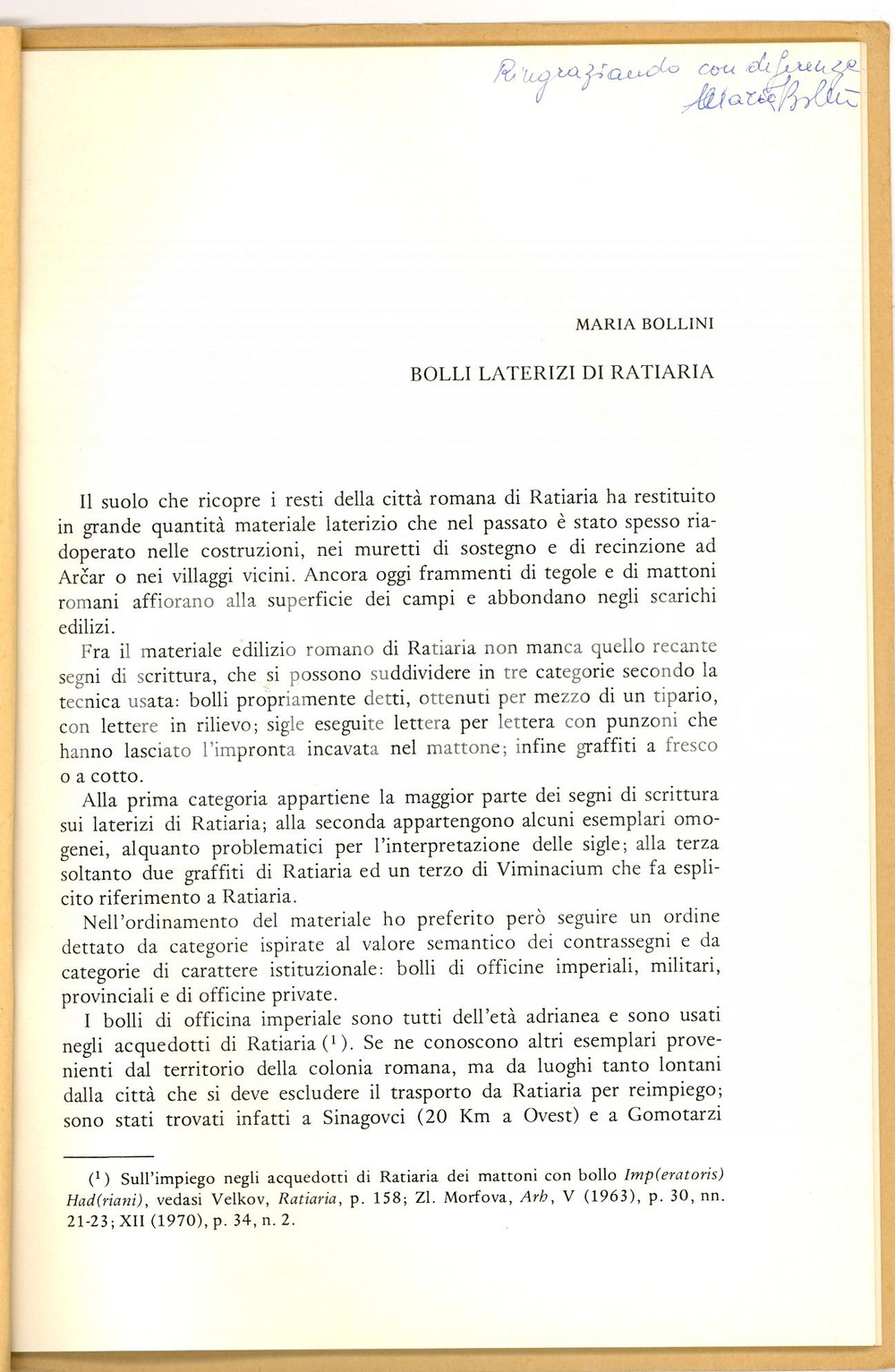Oggetto da collezione cartaceo 1980 Maria BOLLINI Bolli laterizi di RATIARIA Autografo 1
