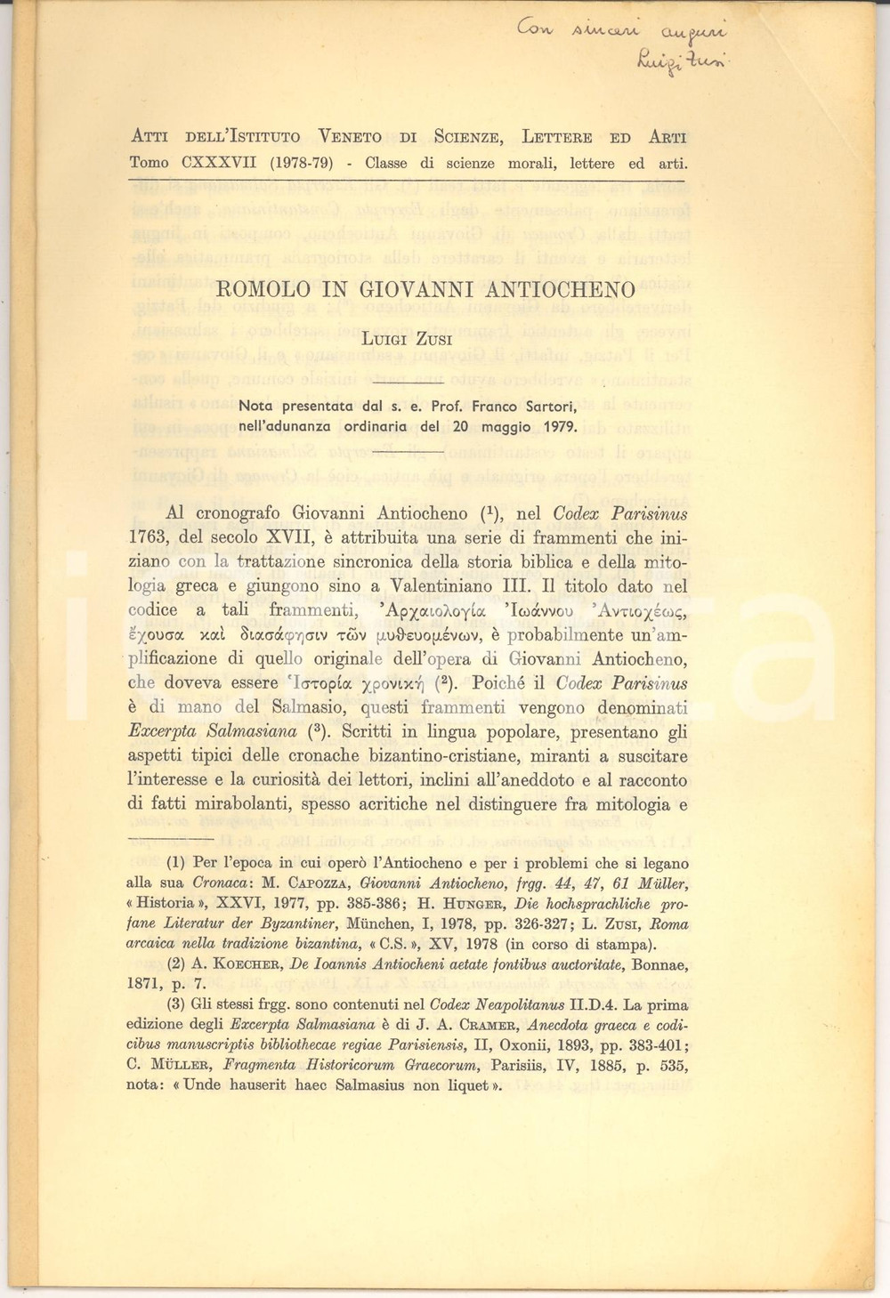 Oggetto da collezione cartaceo 1979 Luigi ZUSI Nota su ROMOLO in Giovanni Antiocheno 1