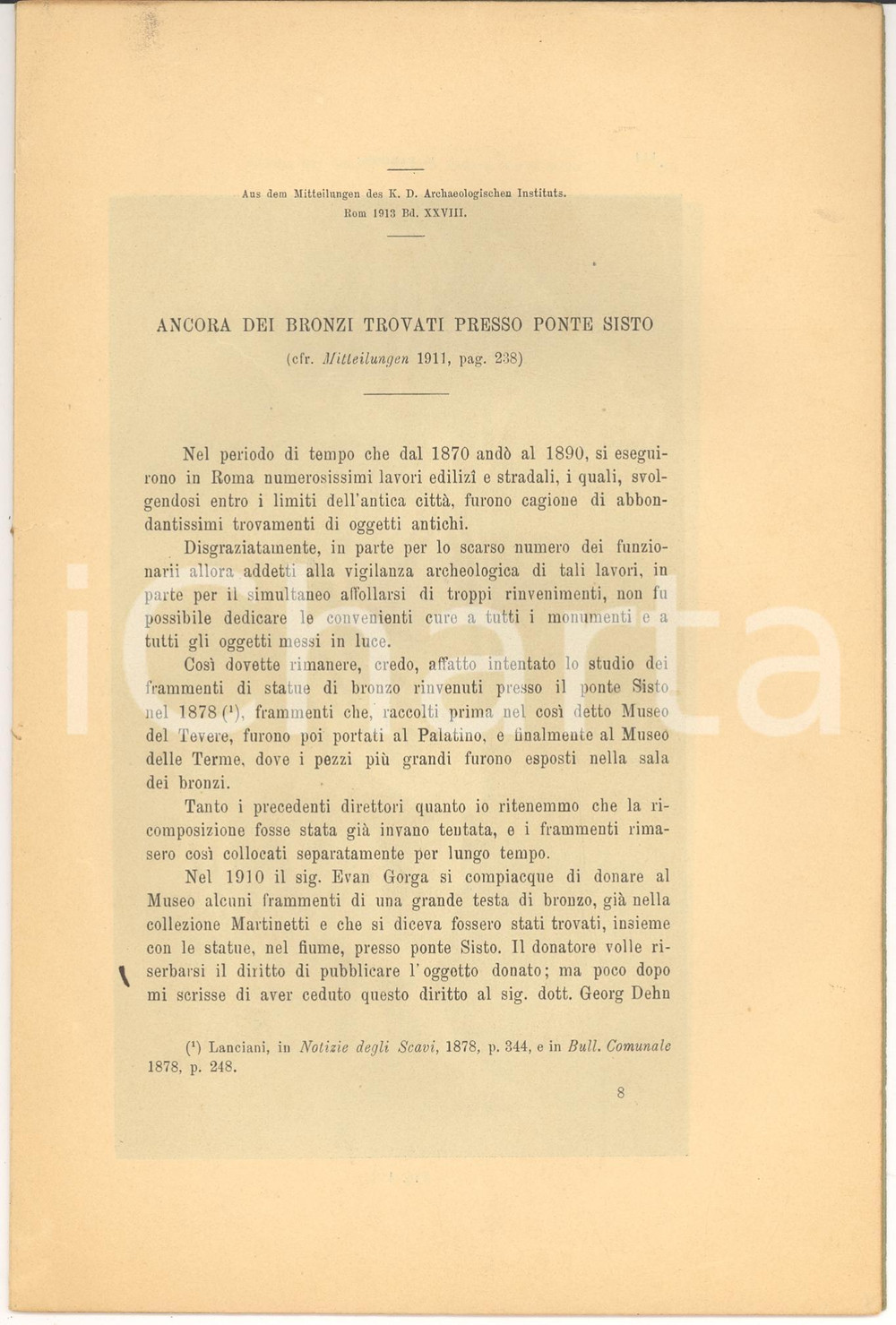 Oggetto da collezione cartaceo 1913 Roberto PARIBENI Sui Bronzi trovati a PONTE SISTO 1
