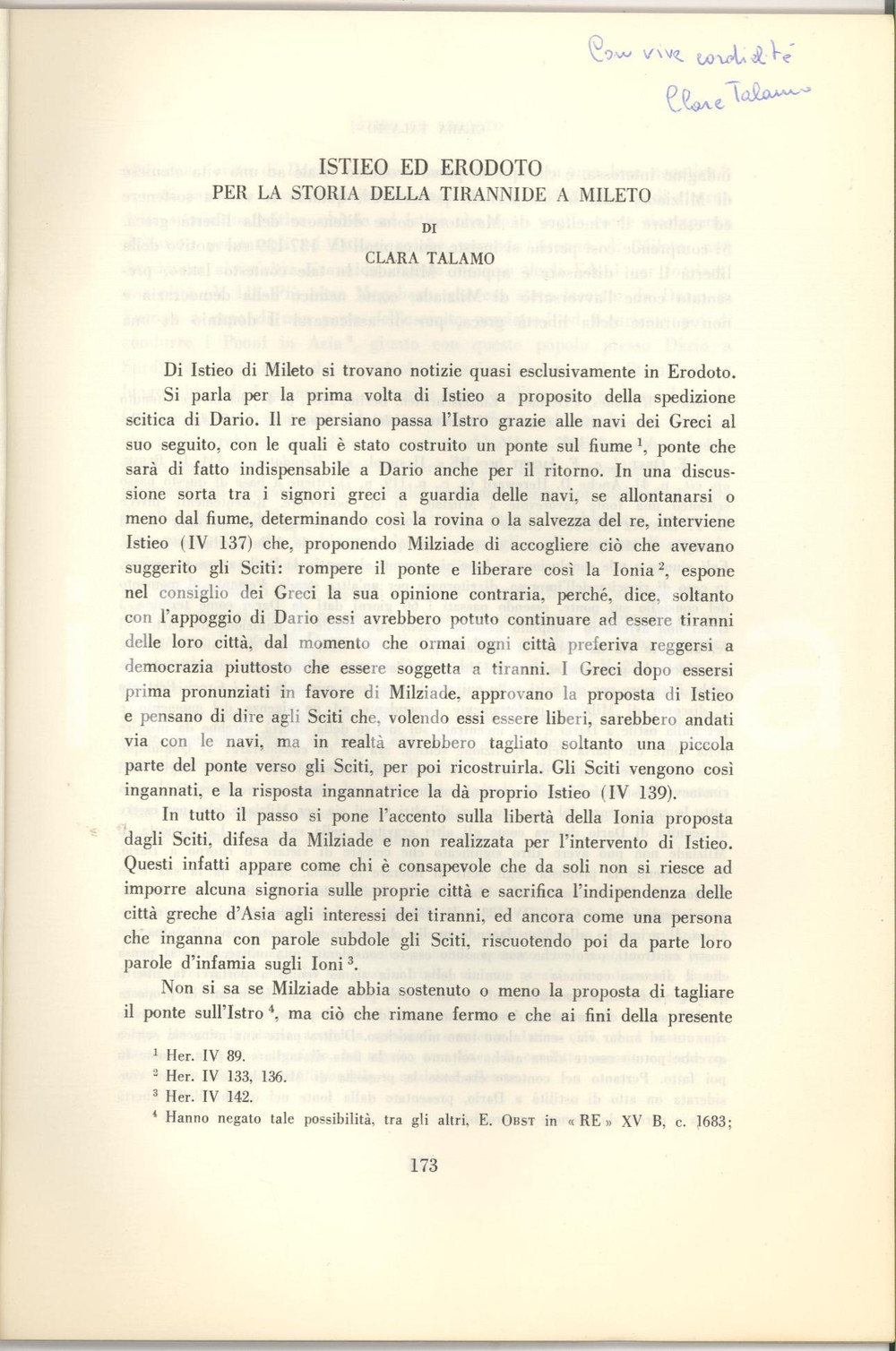Oggetto da collezione cartaceo 1970 Clara TALAMO Tirannide a Mileto ISTIEO ed ERODOTO 1
