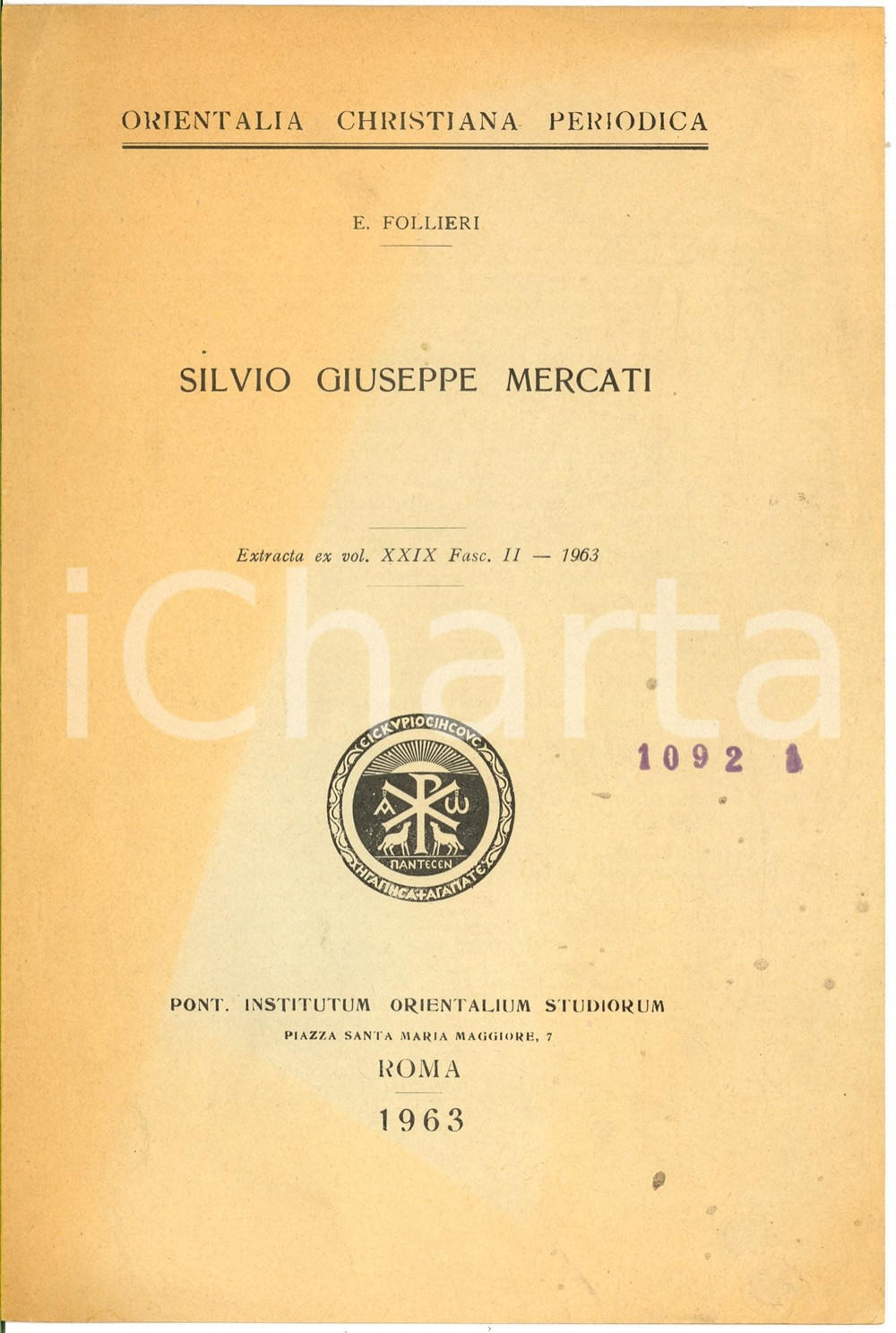 Oggetto da collezione cartaceo 1963 Enrica FOLLIERI Ricordo di Silvio Giuseppe MERCATI 1