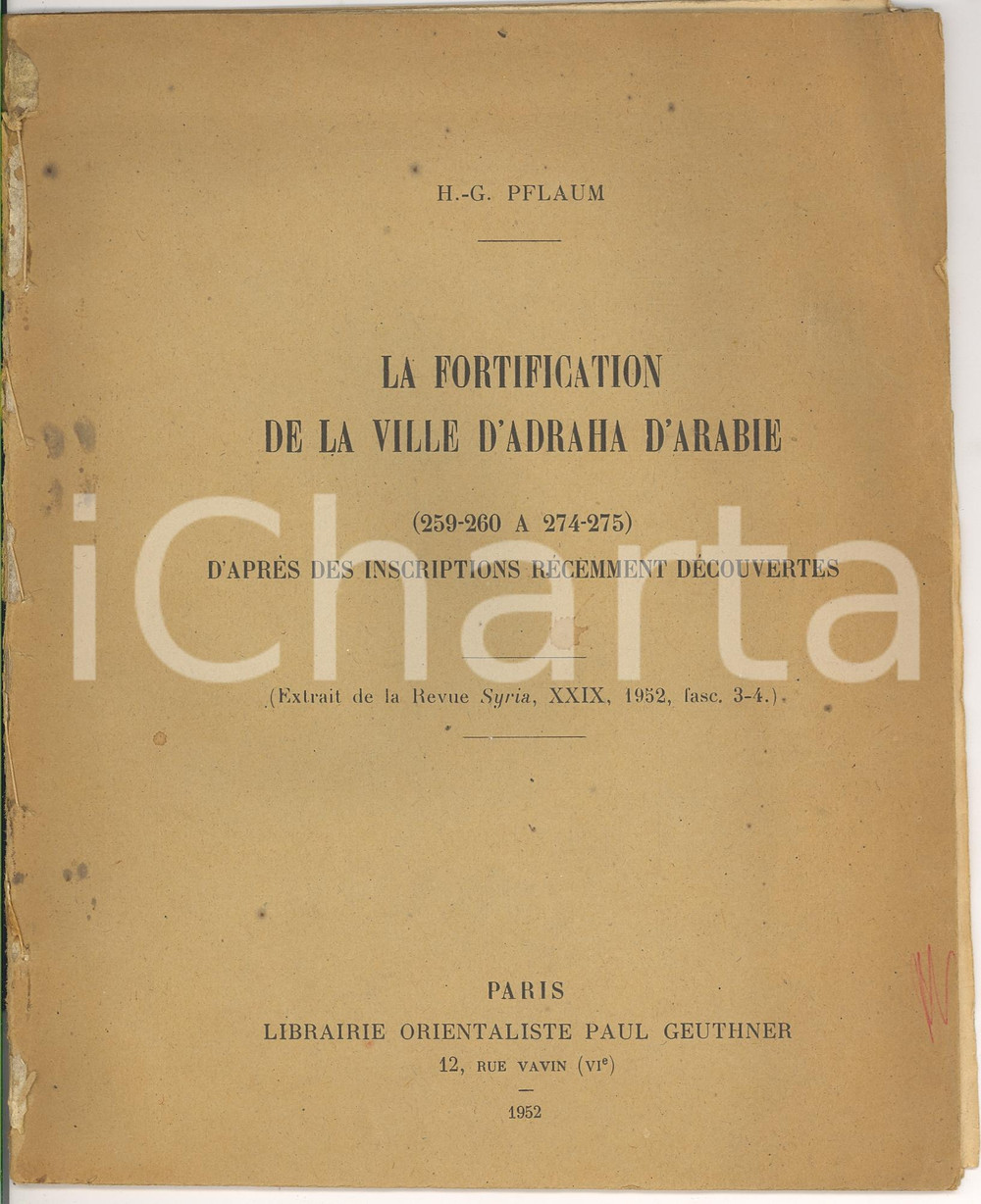 Oggetto da collezione cartaceo 1952 H.G. PFLAUM La fortification de la ville d ADRAHA 1