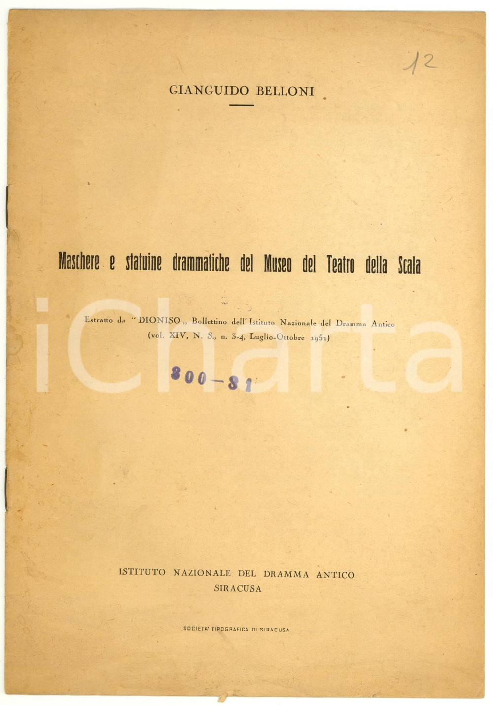 Oggetto da collezione cartaceo 1951 Gianguido BELLONI Maschere drammatiche SIRACUSA 1