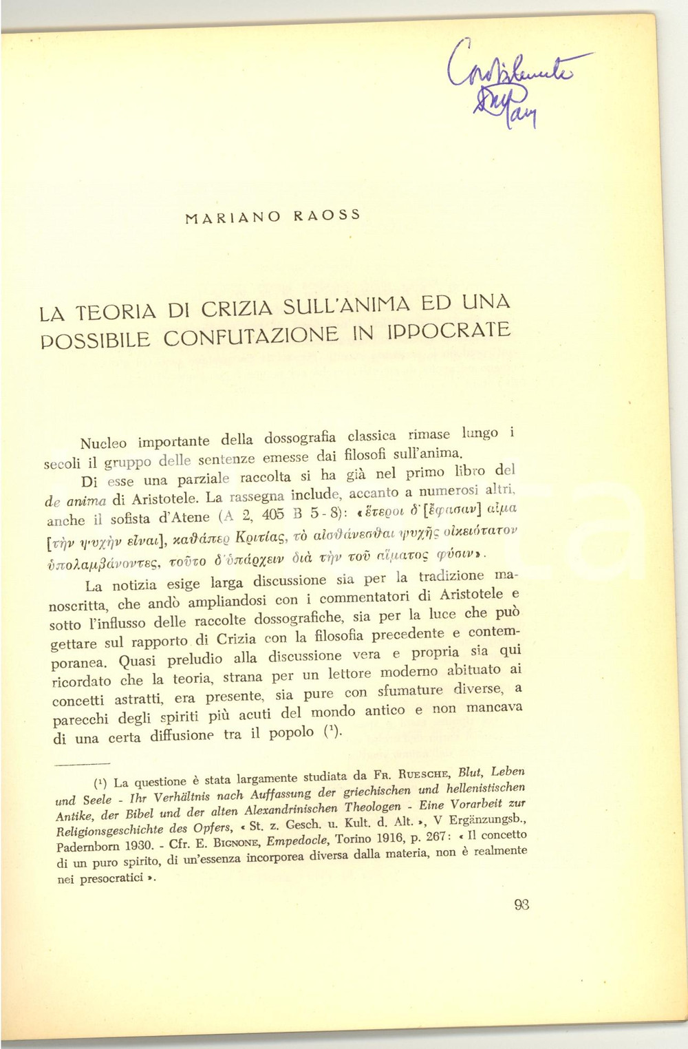 Oggetto da collezione cartaceo 1957 Mariano RAOSS La teoria di Crizia sull anima 1