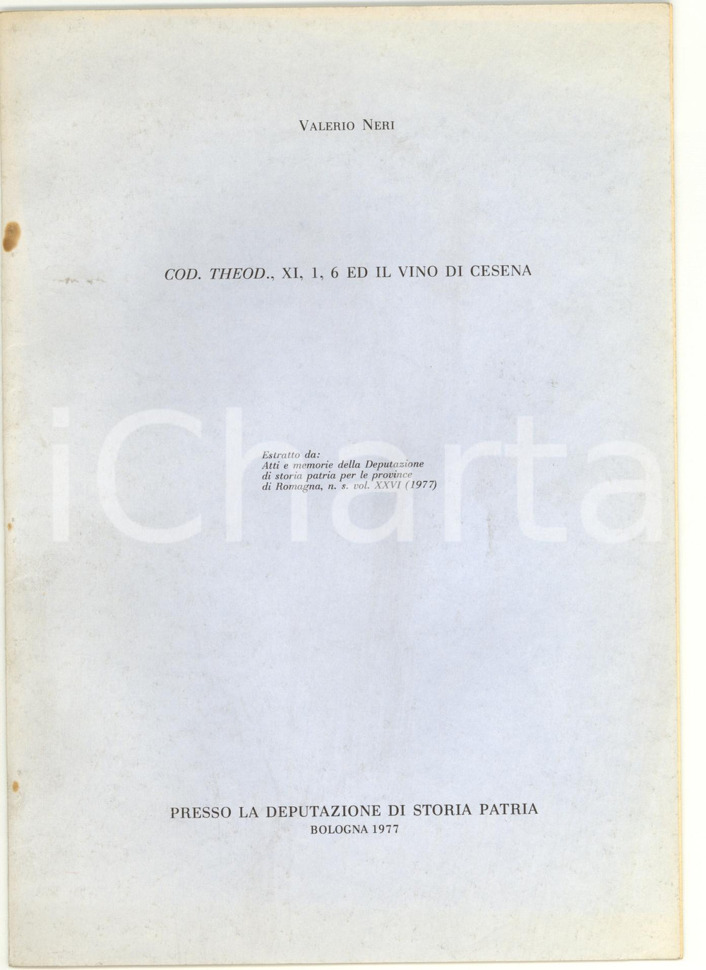 Oggetto da collezione cartaceo 1977 Valerio NERI Codex Theodosianus e vino di CESENA Opuscolo 1