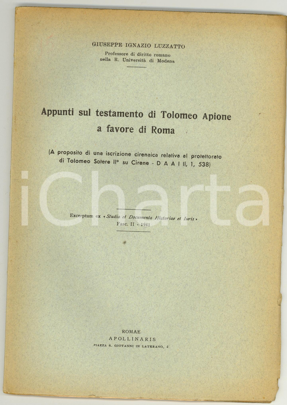 Oggetto da collezione cartaceo 1941 G. Ignazio LUZZATTO Testamento di TOLOMEO APIONE 1