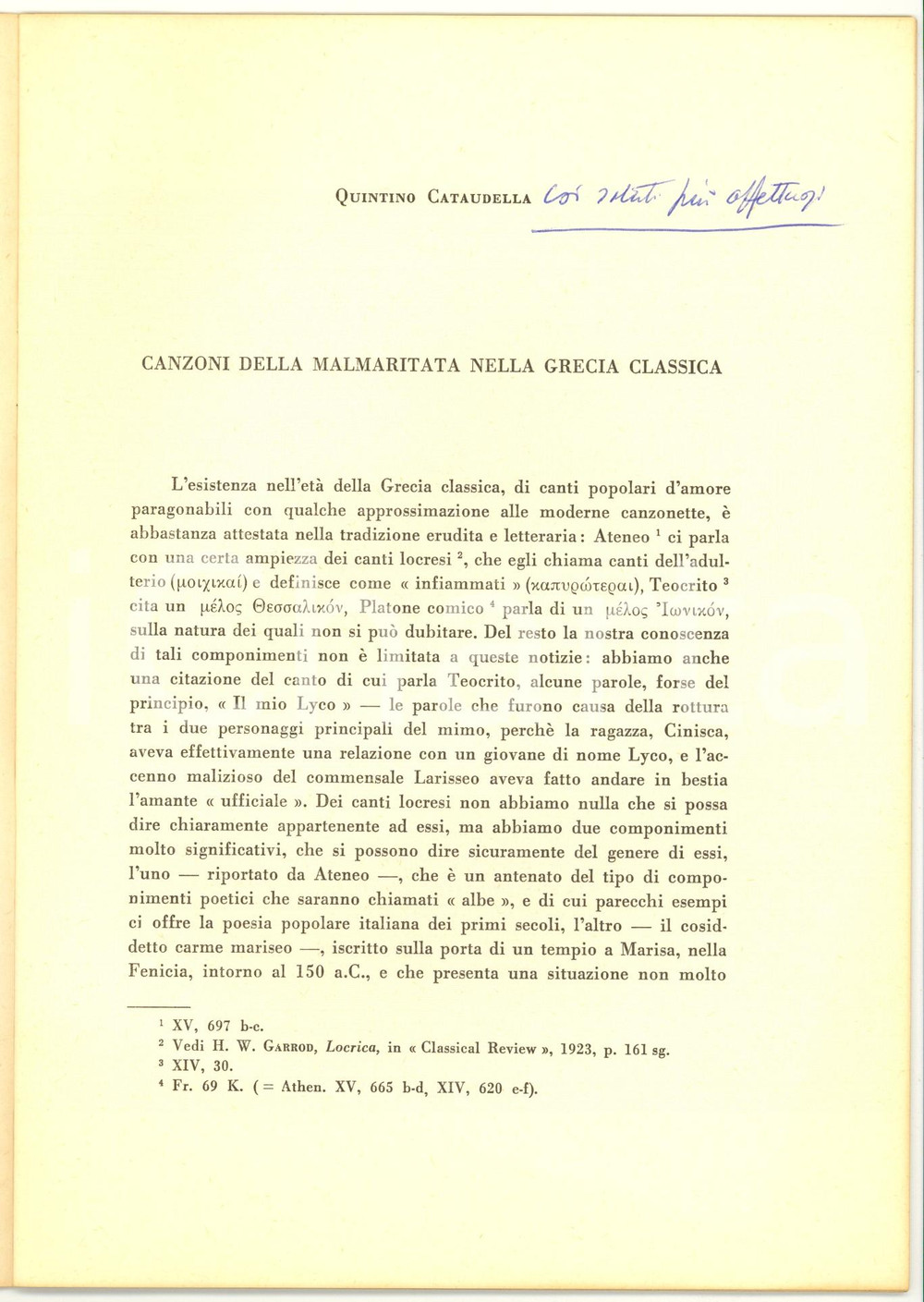 Oggetto da collezione cartaceo 1968 Quintino CATAUDELLA Canzoni malmaritata GRECIA Opuscolo con invio autografo 1
