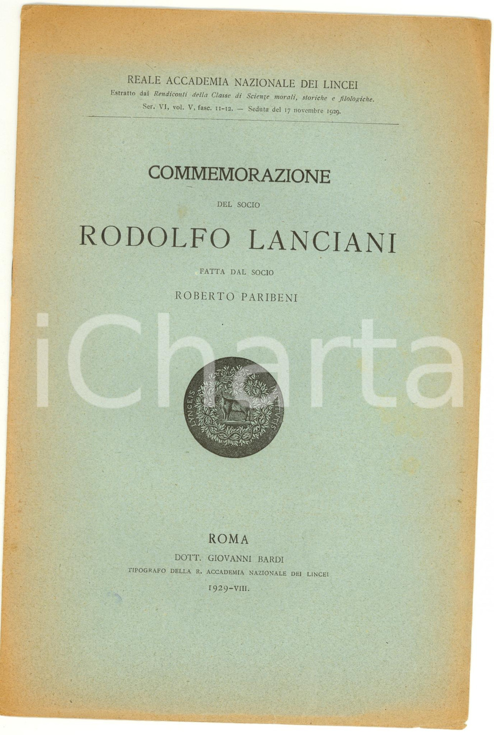 Oggetto da collezione cartaceo 1929 Roberto PARIBENI Commemorazione Rodolfo LANCIANI 1 1