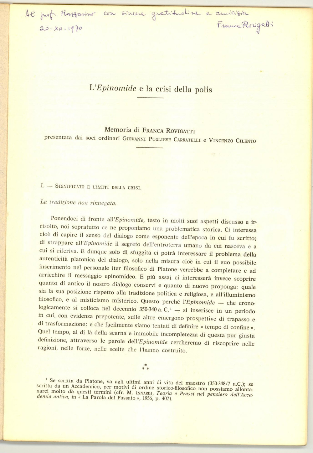 Oggetto da collezione cartaceo 1970 Franca ROVIGATTI Epinomide e la crisi della Polis 1