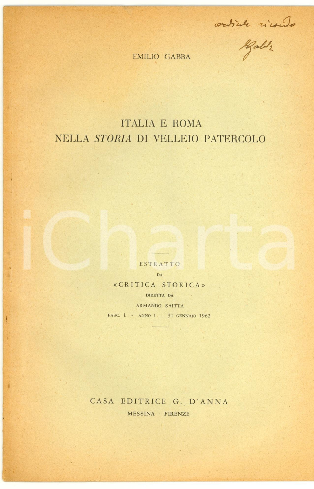 Libro, pubblicazione d epoca 1962 Emilio GABBA Italia e Roma in VELLEIO PATERCOLO 1