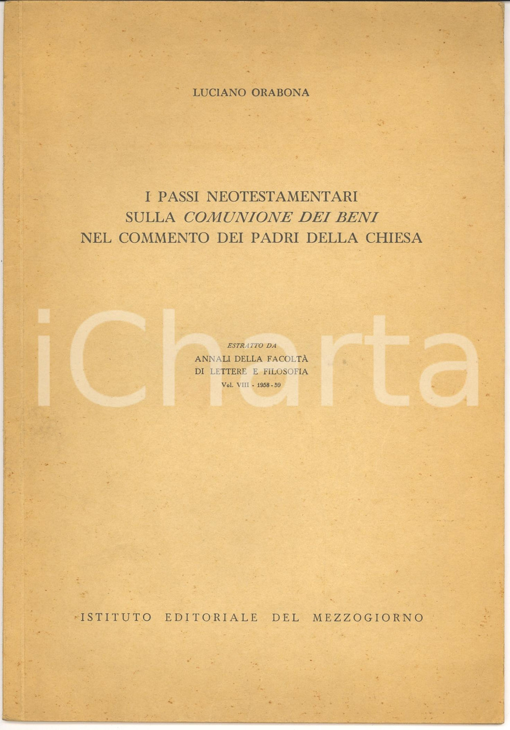 Oggetto da collezione cartaceo 1959 Luciano ORABONA La comunione dei beni Padri Chiesa 1