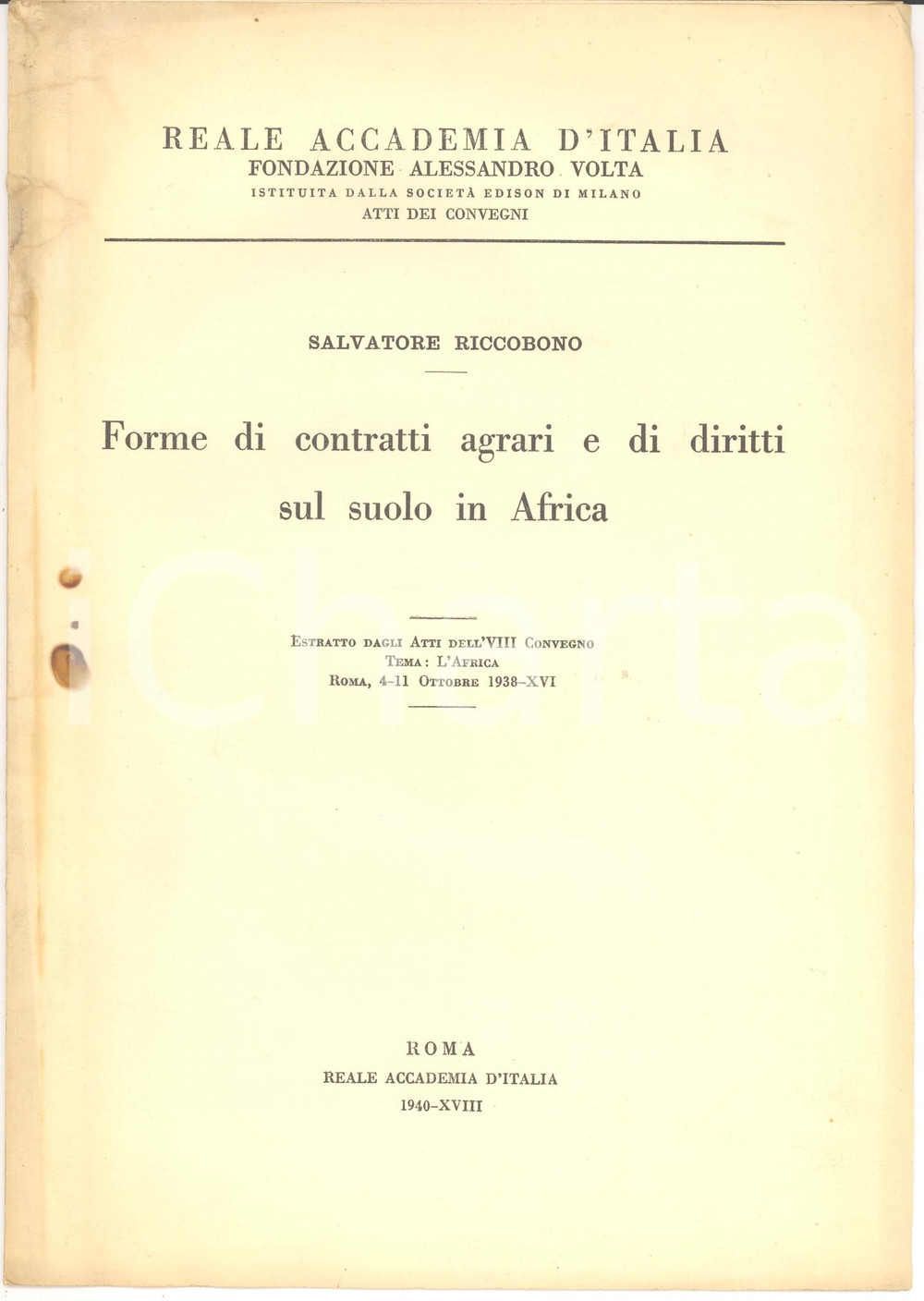 Oggetto da collezione cartaceo 1940 Salvatore RICCOBONO Contratti agrari suolo AFRICA 1