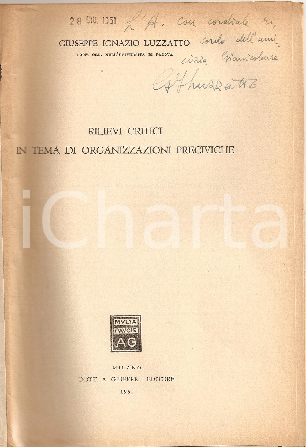 Oggetto da collezione cartaceo 1951 G. Ignazio LUZZATTO Organizzazioni preciviche 1