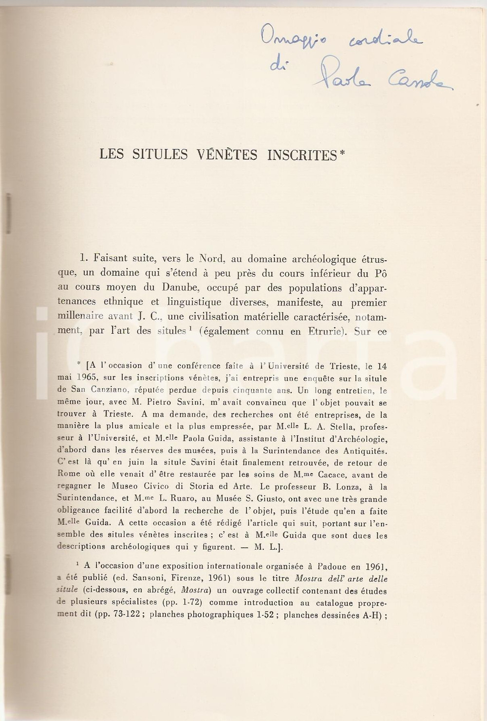 Oggetto da collezione cartaceo 1965 M. LEJEUNE Paola GUIDA Situles VÃ©nÃ¨tes inscrites 1